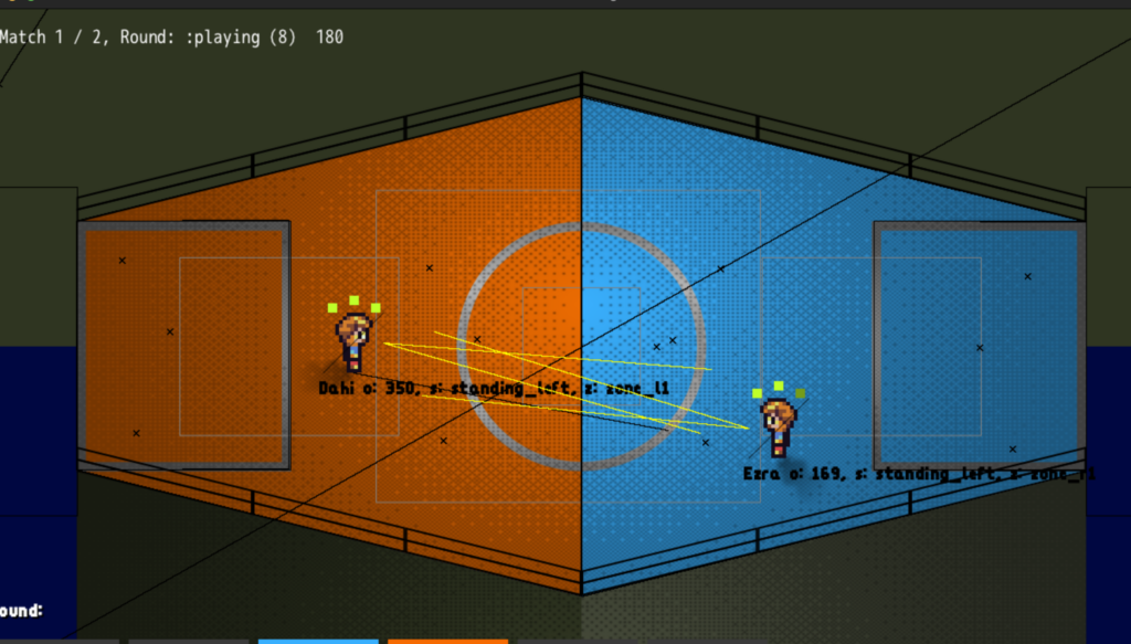 Next iteration with slight shading on the ground. Two players look at each other, lines display their viewing direction.